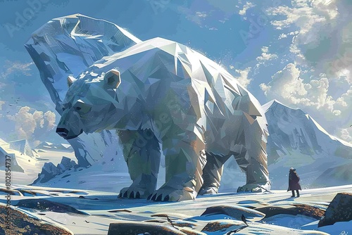 An imaginative artwork showcasing a cubic polar bear against an Arctic landscape, its majestic presence accentuated by angular shapes