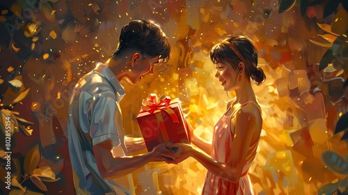 Depict the joy of receiving a surprise gift from a loved one on a special occasion