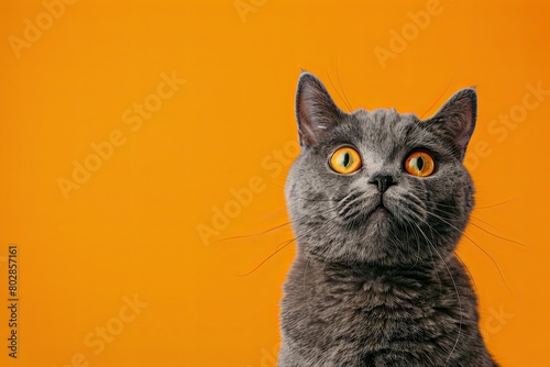 funny british shorthair cat portrait looking shocked or surprised on orange background with copy space 
