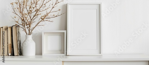Display a white picture frame and dried twigs in a vase on a bookshelf or desk. The color scheme is mostly white.