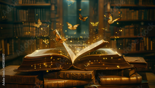 Old magic books with glow and flying butterflies in dark library