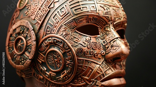 Design a ceremonial mask from the Copper Age, incorporating intricate copper designs and symbols , super realistic