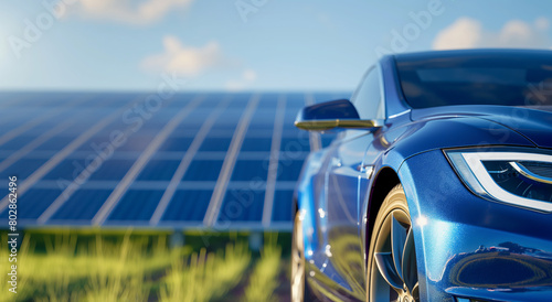 Modern hybrid eco car against the background of solar panels. Alternative ecological energy and fuel concept