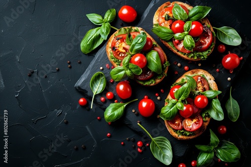 Three Open Faced Sandwiches With Tomatoes and Basil