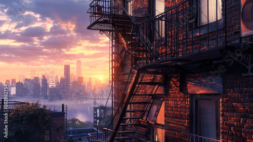 Looking up at a fire escape against a sunset city skyline, from the base of an old brick building.