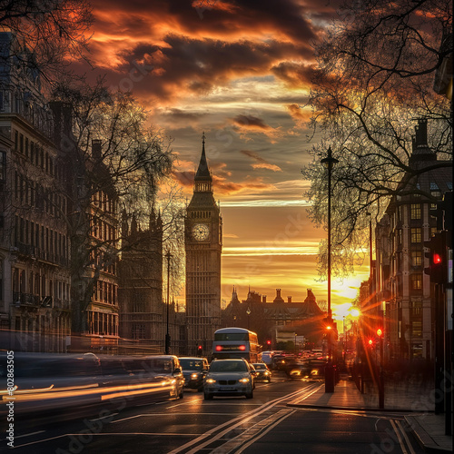 London sunset Big Ben with traffic