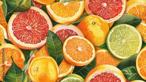 A variety of citrus fruits, including oranges, grapefruits, and lemons, are arranged in a colorful and visually appealing composition.