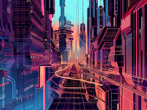 Experiment with varying line thickness to create depth and dimension, Futuristic , Cyberpunk