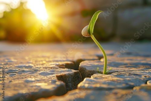  Seed sprouting between concrete cracks sunrise light