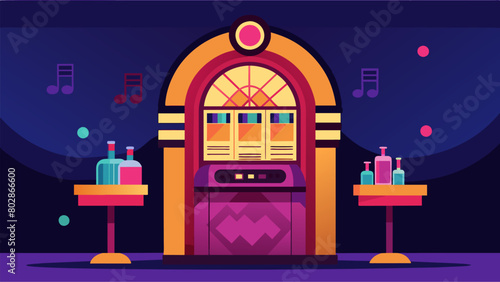 The main attraction of the bar is the large glowing jukebox that invites guests to pick their favorite tunes to boogie to. Vector illustration