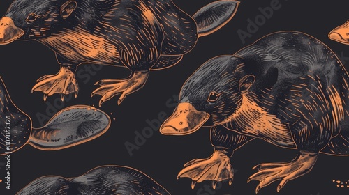 The image is a dark background with a pattern of orange and black platypuses