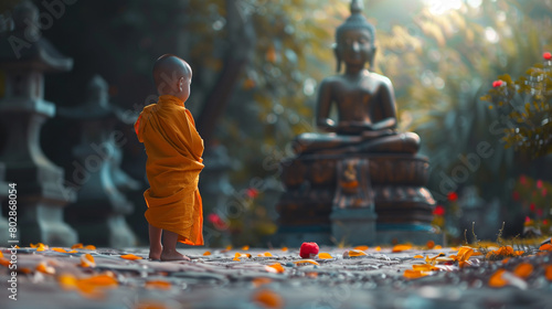 Little Buddhist monk standing against the background of a buddha statue, Ai Generated Images