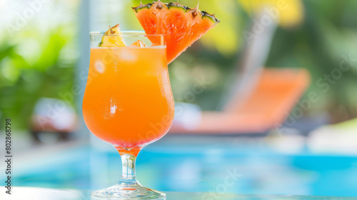 Refreshing papaya juice cocktail garnished with fruit, served poolside, embodying the essence of a relaxing jamaican vacation atmosphere
