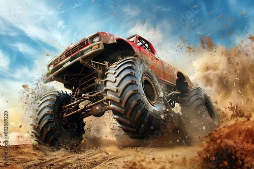 An off-road monster truck kicks up dirt as it conquers rugged terrain. Its massive wheels churn the earth, leaving a trail of dust behind.
