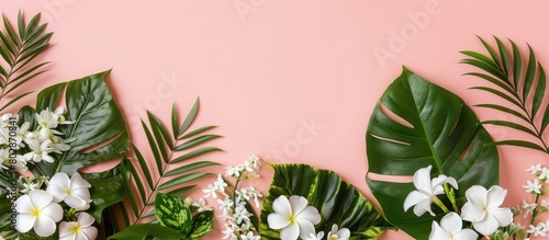 A summer-themed arrangement featuring green tropical leaves and white flowers set against a soft pink backdrop. This composition embodies the essence of summer with a flat lay, top-down perspective