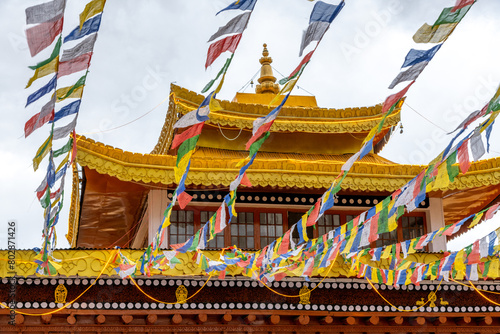 Colorful prayer flags at a Buddhist temple in Leh in northern India