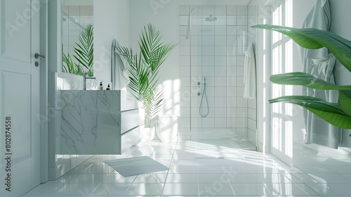 3D rendering of contemporary bathroom with clean white tiles and glass shower