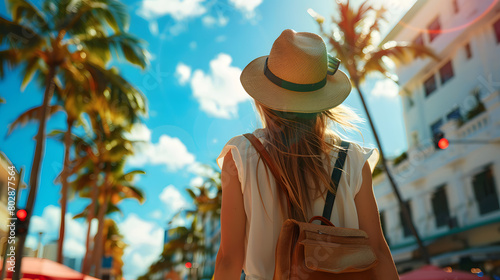 A woman in a sun hat and backpack strolls under the clear sky in the city