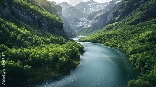 Lush Green River Winding Through Majestic Mountains A Tranquil Summer Escape