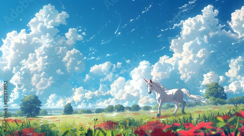 Artistic depiction of a graceful unicorn trotting in a lush green field under a bright blue sky with fluffy clouds. 