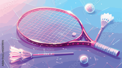 Badminton racket and shuttlecocks on color background