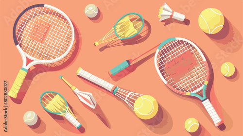 Badminton rackets and shuttlecocks on color background