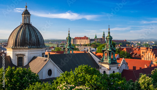 Church of St. Anne with panorama of Krakow Old Town and Wawel Castle, Poland