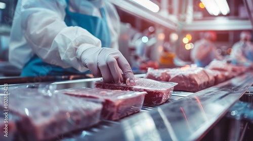 A worker wearing a hairnet and gloves packages steaks in a meat processing plant.