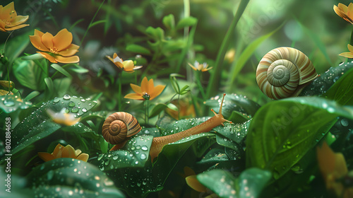 Tranquil Serenity: Intricate Depiction of Snails Meticulously Exploring a Vibrant Garden