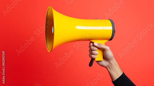 A person holding a megaphone, clad in a red sleeve, against a vivid yellow background, making an urgent public announcement.