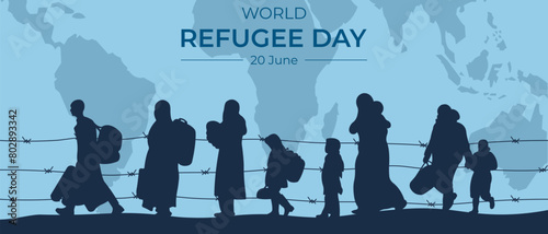 Horizontal banner with silhouettes of refugees. World Refugee Day. Vector illustration.