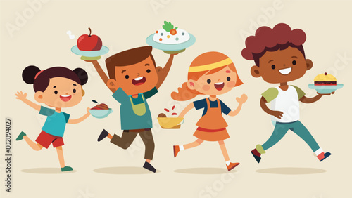 A group of children running around eager to try all the different dishes and treats.. Vector illustration