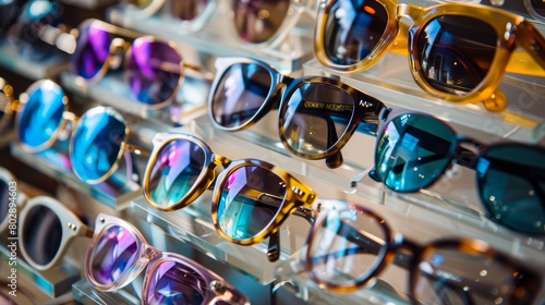 Array of stylish sunglasses displayed in a store. Fashion and shopping concept. Merchandise design for retail promotion