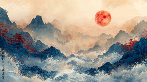 Generative ai illustration of a watercolor background with clouds or waves in japanese style