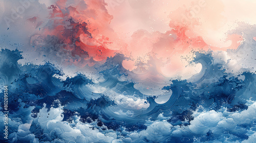 Generative ai illustration of a watercolor background with clouds or waves in japanese style
