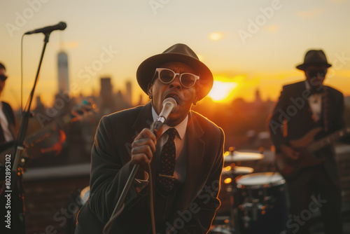 Jazz band performing at sunset on rooftop