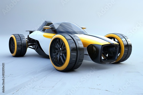 A yellow and black race car is positioned on a white surface, ready for action. The vibrant colors of the car contrast with the clean background, creating a dynamic and striking scene. Generative AI