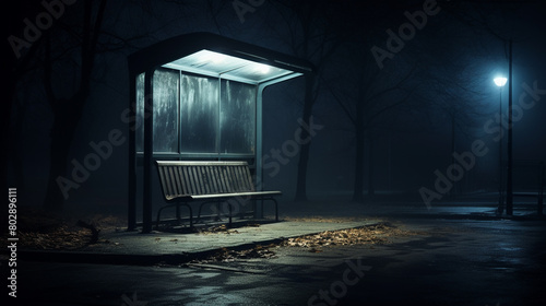 Desolate bus stop brightly lit against the night, with no one in sight, evoking a sense of eerie solitude and isolation.