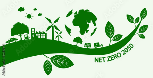 Net zero by 2050, carbon neutral. Net zero greenhouse gas emissions target Long-term climate-neutral strategy Vector illustration