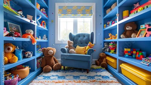 A beautiful playroom filled with toys and a blue armchair