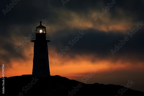 Lone lighthouse silhouette against a dusky sky
