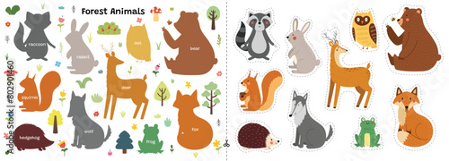 Forest animals cut and glue game with cute fox, wolf, bear and others. Educational activity page for kids. Matching game with woodland characters. Vector illustration