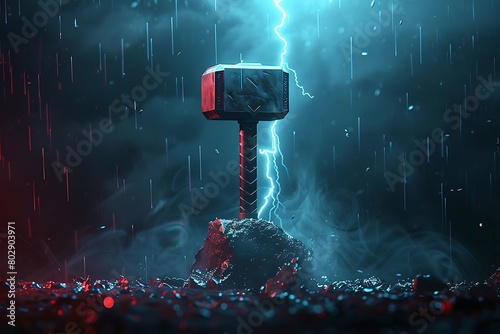 Minimalist design of Thor?? hammer amidst a thunderstorm