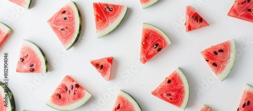 Scandinavian-inspired flat lay with watermelon slices arranged creatively on a white table, offering a simple and refreshing summer fruit pattern for blogs or recipe books.