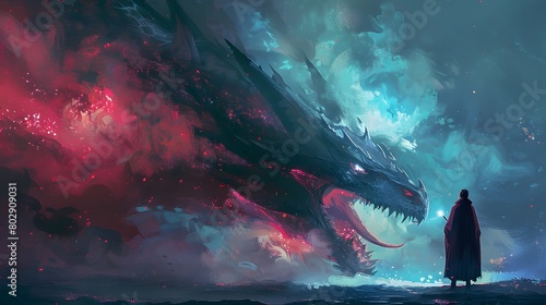 A figure draped in a cloak stands before a massive dragon, a dance of red and blue energies swirling around them in a scene of mystic confrontation.