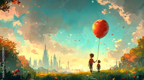 A child and their companion embark on a cosmic voyage, hand in hand, with a radiant balloon reflecting a universe in bloom against a star-filled sky.
