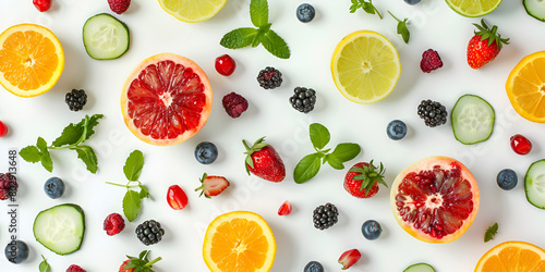 Different fresh berries and lemon slices on white background, top view. Healthy food 