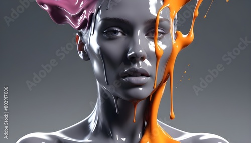 Fashion surreal Concept. Closeup portrait of man woman dissolve melting emerging from grey gray molten liquid paint. illuminated with dynamic composition and dramatic lighting. copy text space