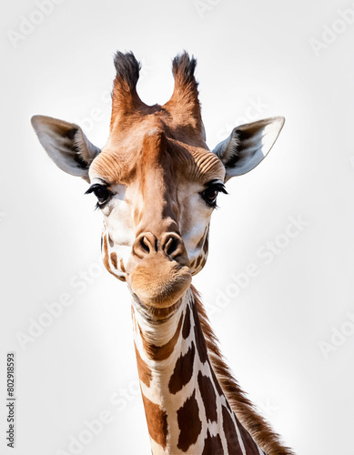 Portrait of a giraffe isolated on a white background.