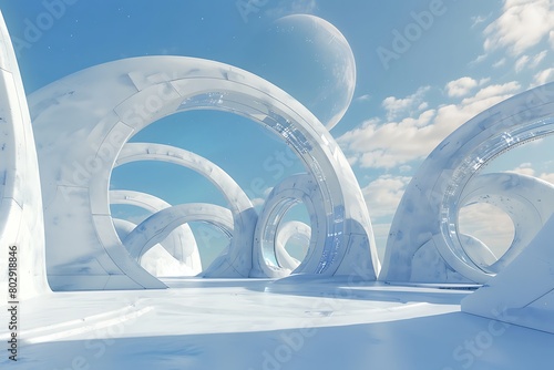 Retrofuturistic habitat with arched portals against a cobalt sky.